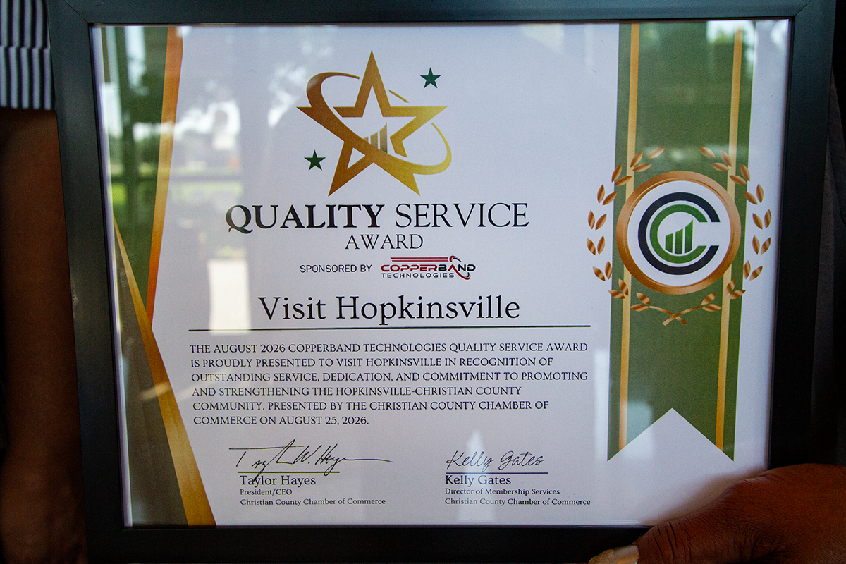 August 2026 Copperband Technologies Quality Service Award certificate presented to Visit Hopkinsville
