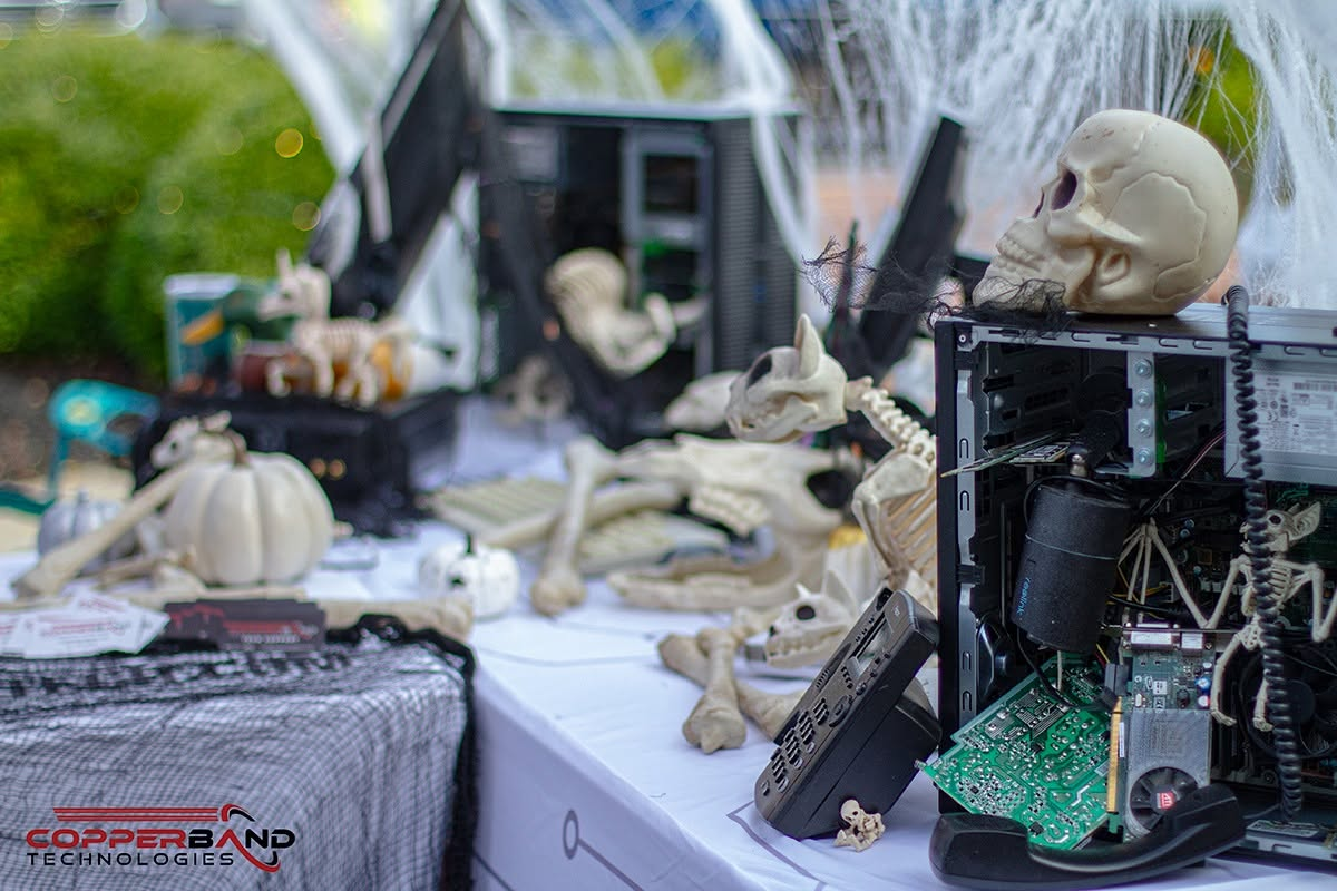 A Halloween display of retired computer hardware, skulls and cobwebs on the Copperband table at Fright on Franklin