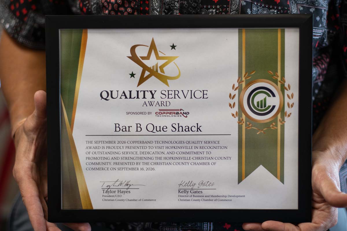 September 2026 Copperband Technologies Quality Service Award certificate presented to Bar B Que Shack